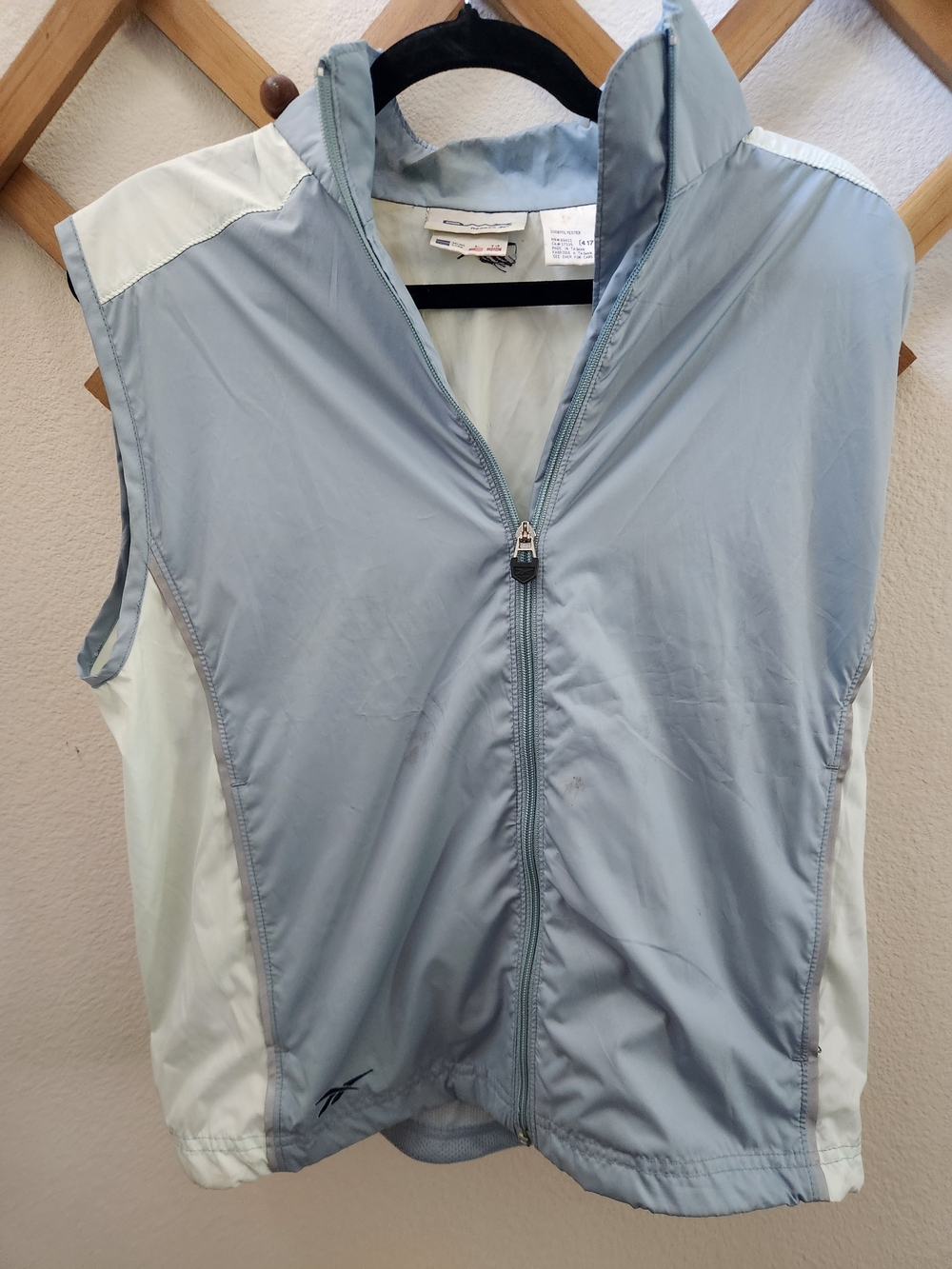 Vintage Reebok Light Blue and White Sleeveless Wind Vest